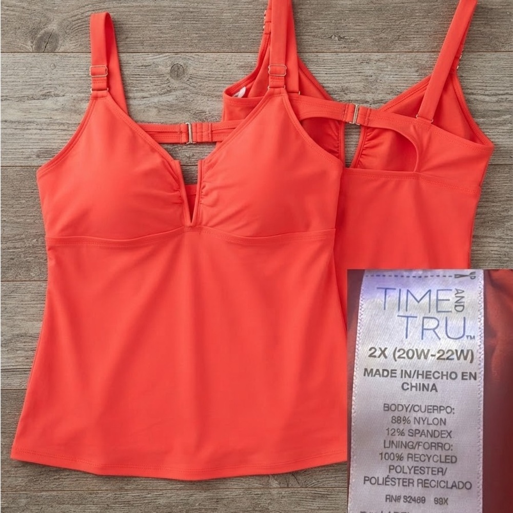 Time and Tru Bright Red/Coral-Orange Tankini Top with Adjustable Straps - 2X